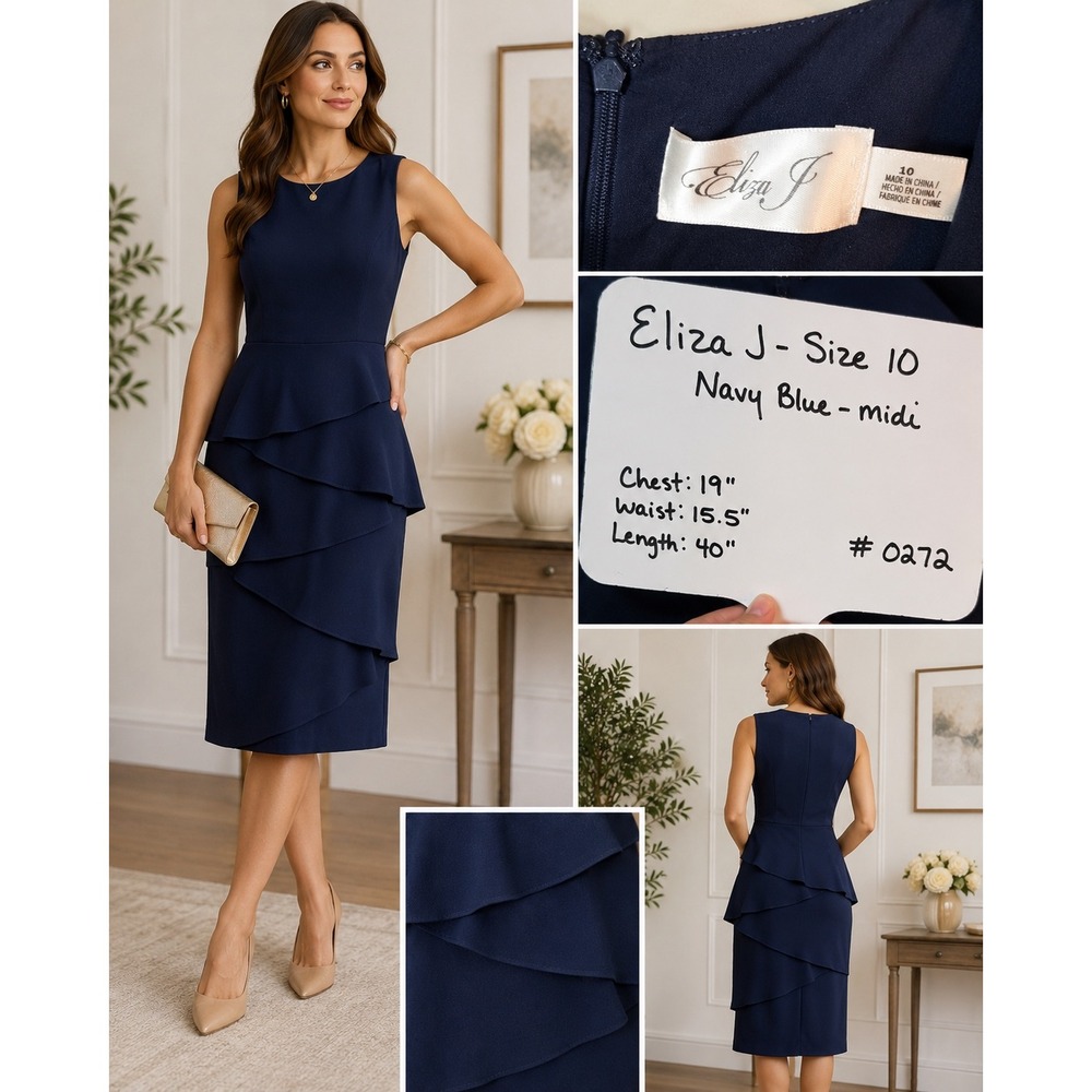 Eliza J Navy Blue Tiered Peplum Midi Sheath Dress Sleeveless Size 10 #0272